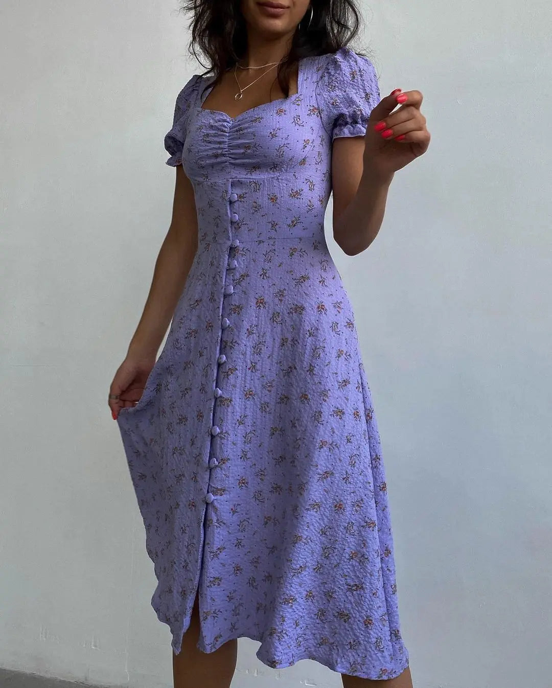 Summer Vintage Puff Sleeve Floral Dress Women Side Split Long Dress Female image 5