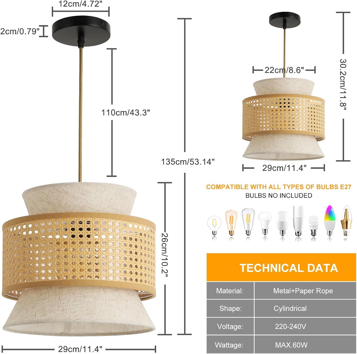 FORCOSO Vintage Pendant Light Rattan+Fabric, – Ø29 cm Wicker Fabric Shade image 10