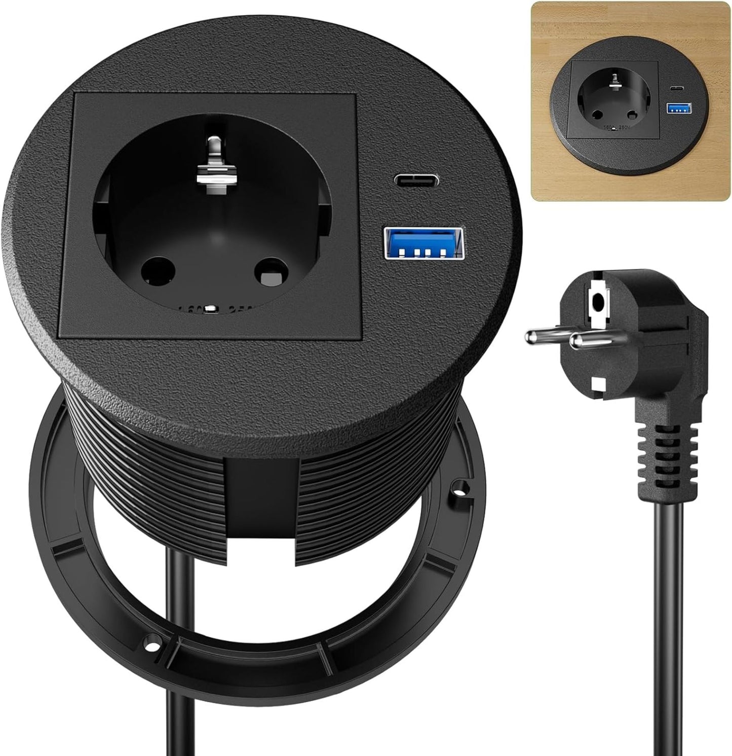 Socket Hidden Pop Up Extension Lead 2M Cable Black - Clutter-Free EU Plug image 1