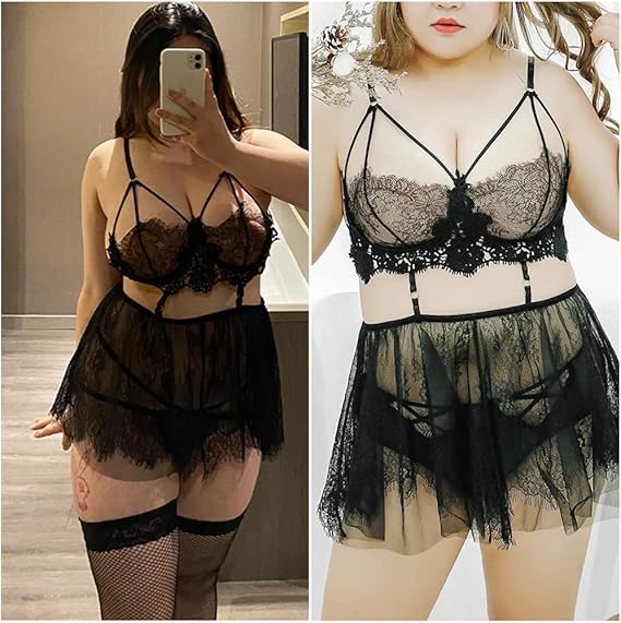 SPORCLO Plus Size Lingerie for Women Lace Black Babydoll Sexy Mesh High Waisted image 4