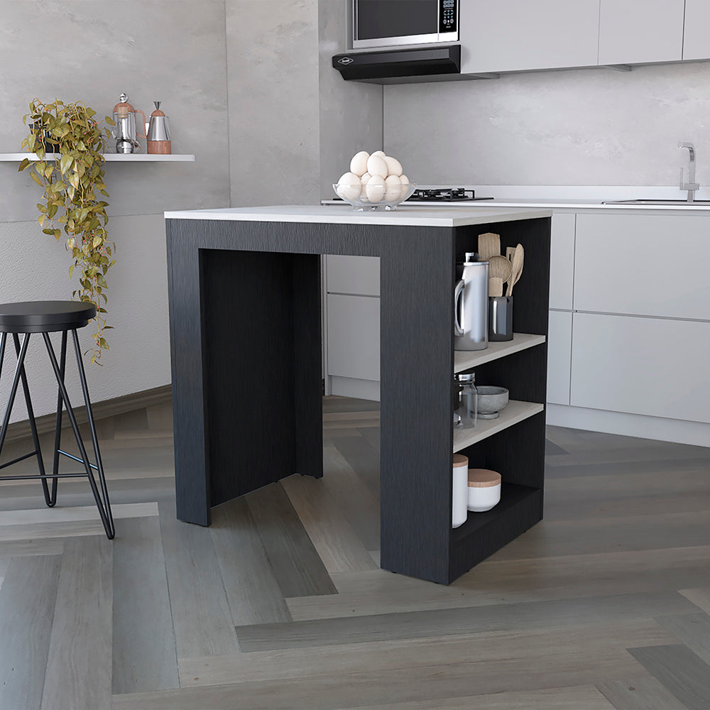 Kitchen Island with Three Side Shelves Doyle, Black / Ibiza Marble image 0