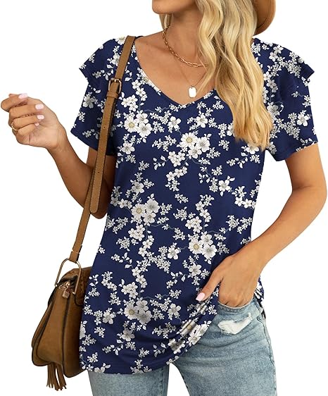 YVH Womens Summer Tops Casual V Neck Ruffle Short Sleeve T Shirts Loose Fit image 8