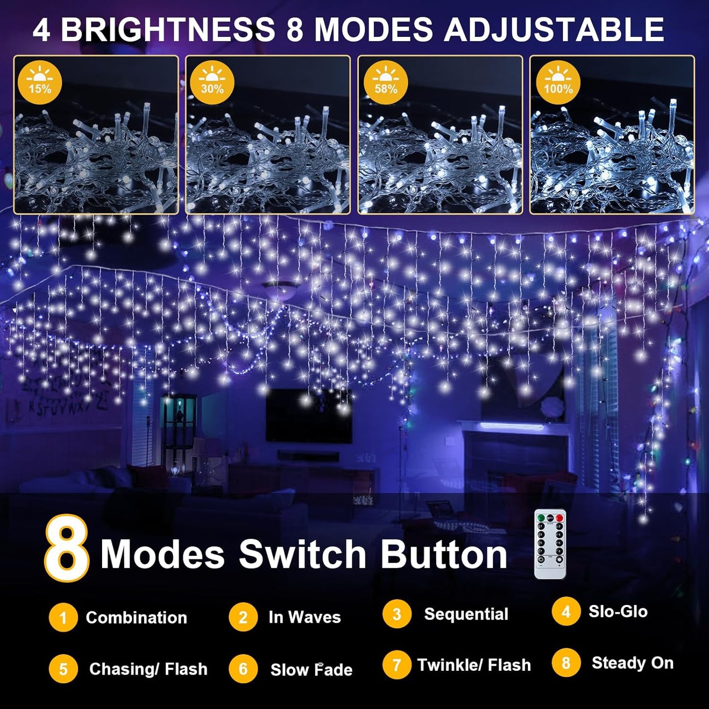 PEMOTech 423 LED Christmas Icicle Lights – 8 Modes, 5m Lead Wire, Outdoor image 3