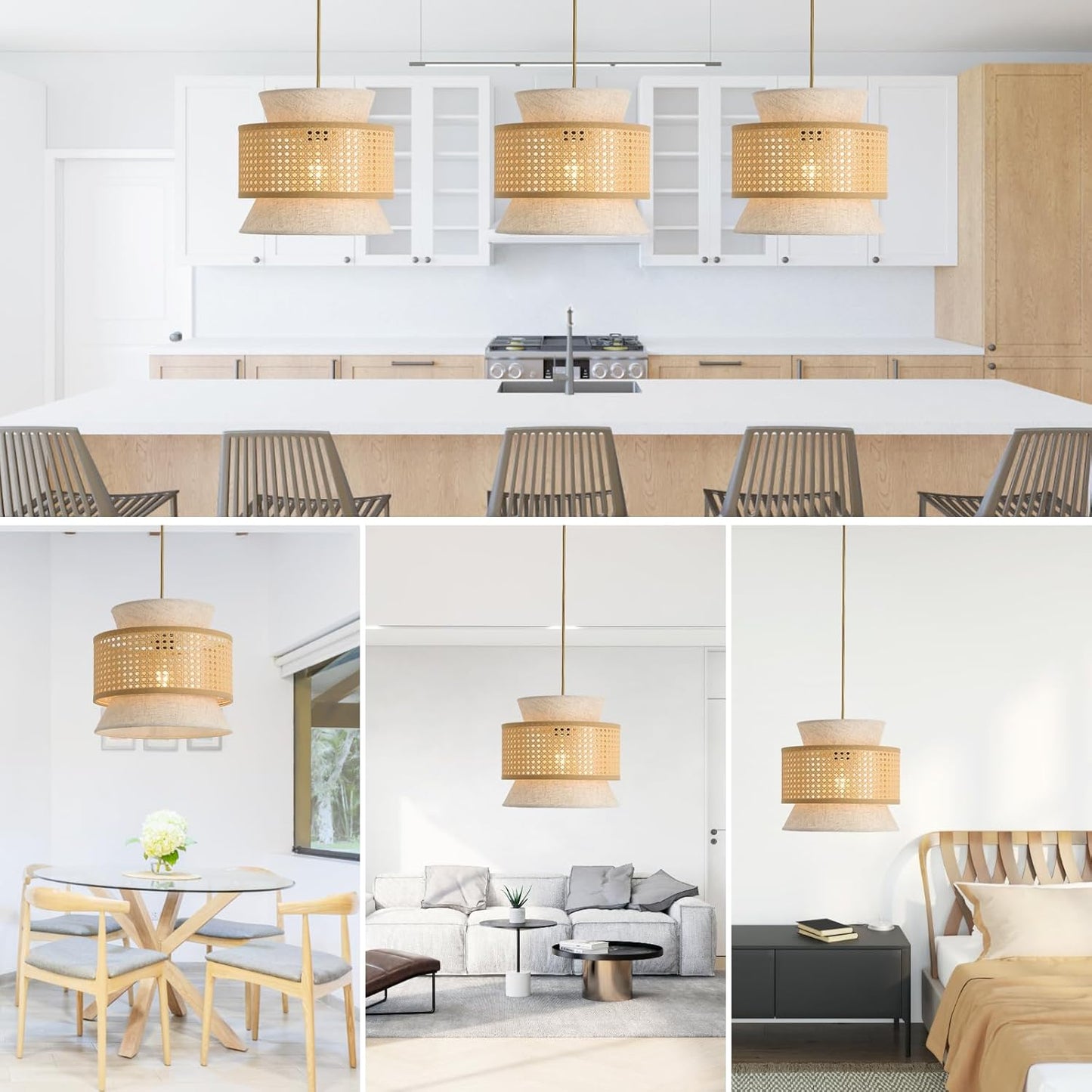 FORCOSO Vintage Pendant Light Rattan+Fabric, – Ø29 cm Wicker Fabric Shade image 8