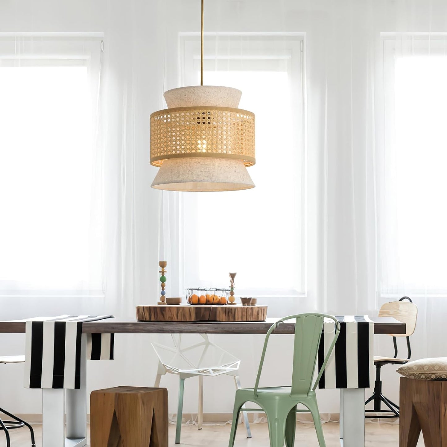 FORCOSO Vintage Pendant Light Rattan+Fabric, – Ø29 cm Wicker Fabric Shade image 5