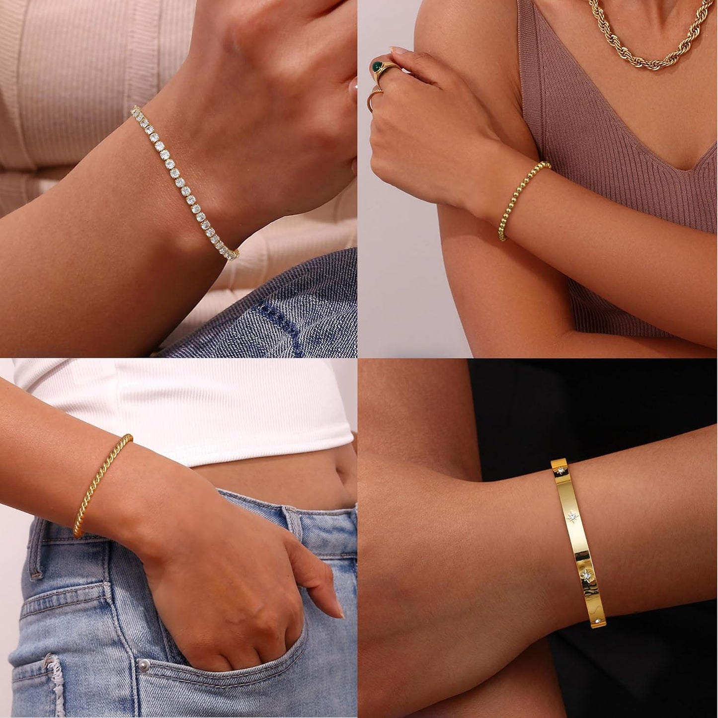 Elegant 14K Gold Plated Stacking Bracelet Set for Women - 5-Piece Hypoallergeni image 4