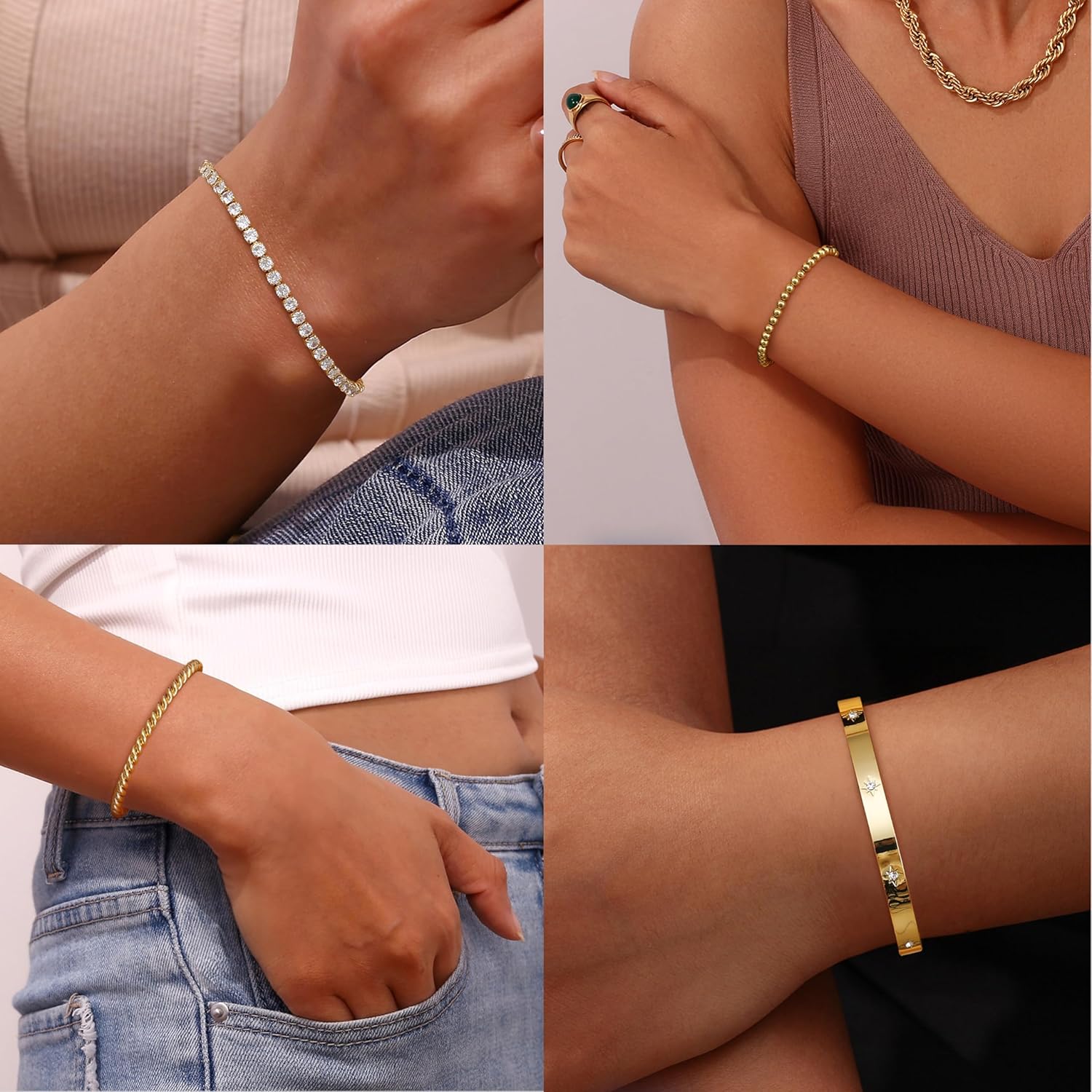 Elegant 14K Gold Plated Stacking Bracelet Set for Women - 5-Piece Hypoallergeni image 4