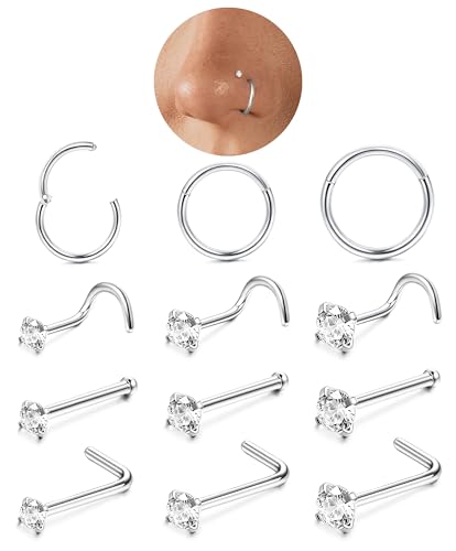 LOLIAS 12-Piece Surgical Steel CZ Nose Piercing Studs Hoops Set image 7