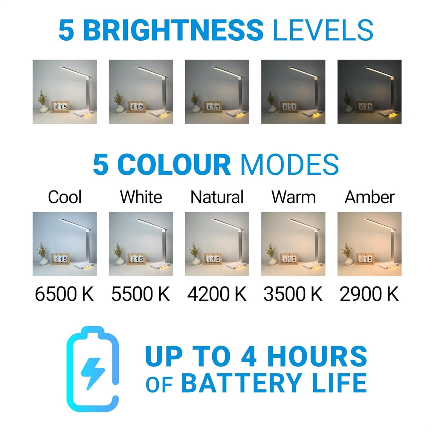 Maxter Silver Wireless LED Desk Lamp – 550 lumens, Touch Dimming, USB Charging image 1