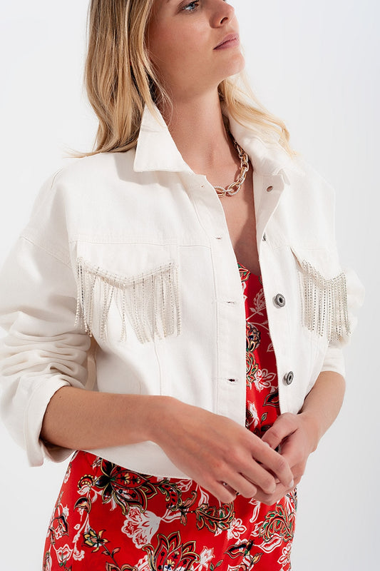 Denim Jacket With Diamante Fringing in White image 0