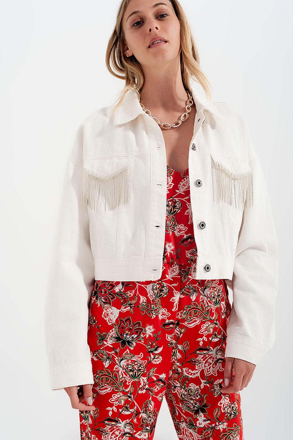 Denim Jacket With Diamante Fringing in White image 5