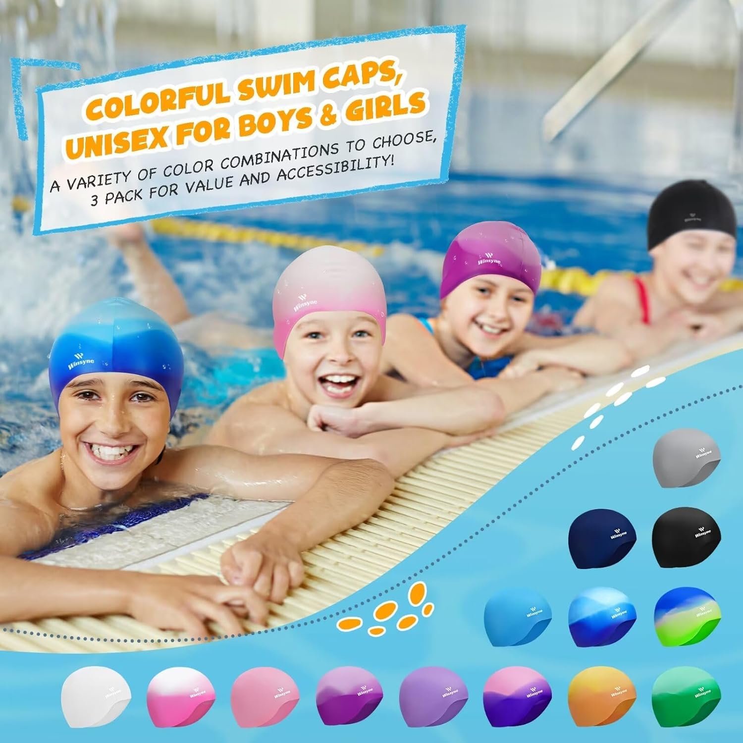 3-Pack Silicone Swim Caps for Kids: Waterproof Protection, Keeps Hair Dry, Ages image 7