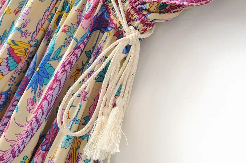 Boho Queens Women Peacock Floral Print Bat Sleeve Beach Bohemian  Maxi Dresses image 2