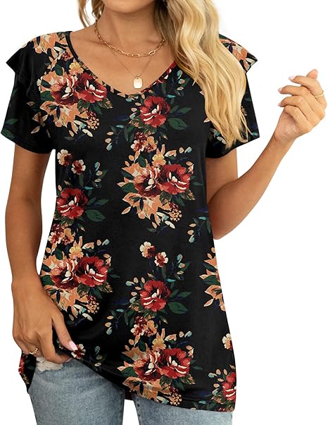 YVH Womens Summer Tops Casual V Neck Ruffle Short Sleeve T Shirts Loose Fit image 5