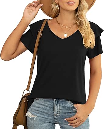 YVH Womens Summer Tops Casual V Neck Ruffle Short Sleeve T Shirts Loose Fit image 4