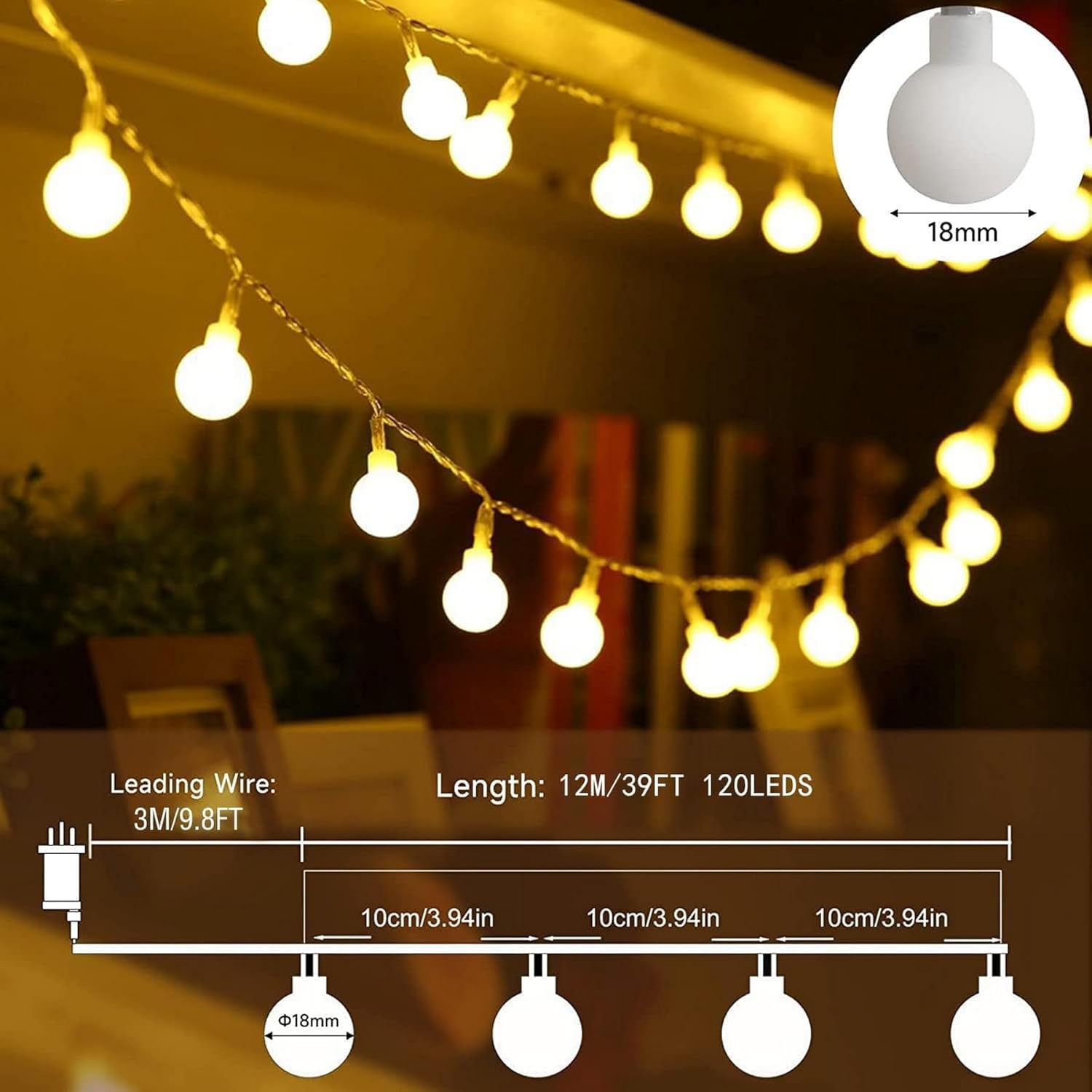 Globe String Lights, 120LED 15M49ft Fairy Lights Plug in Powered, 8 Modes image 2