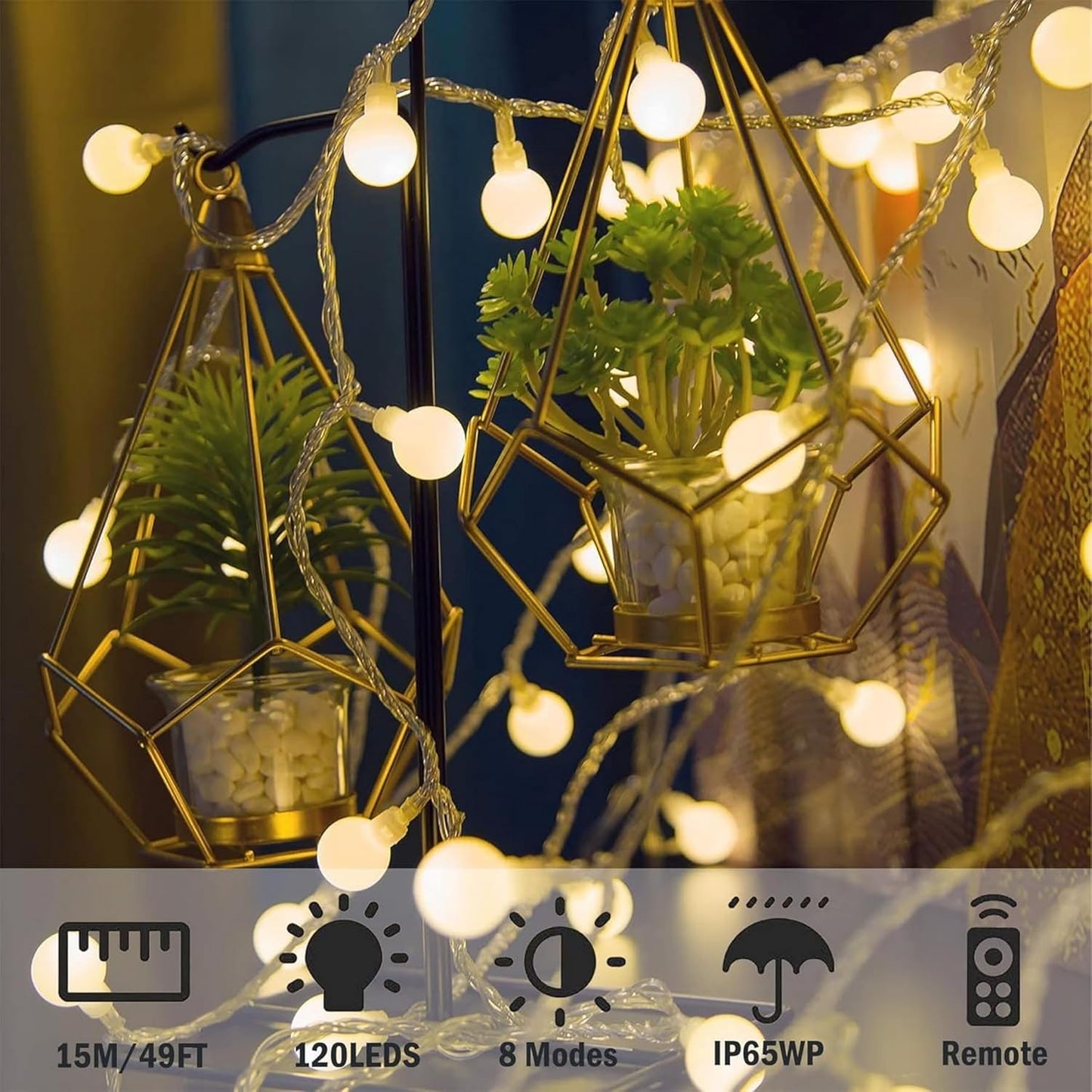 Globe String Lights, 120LED 15M49ft Fairy Lights Plug in Powered, 8 Modes image 1