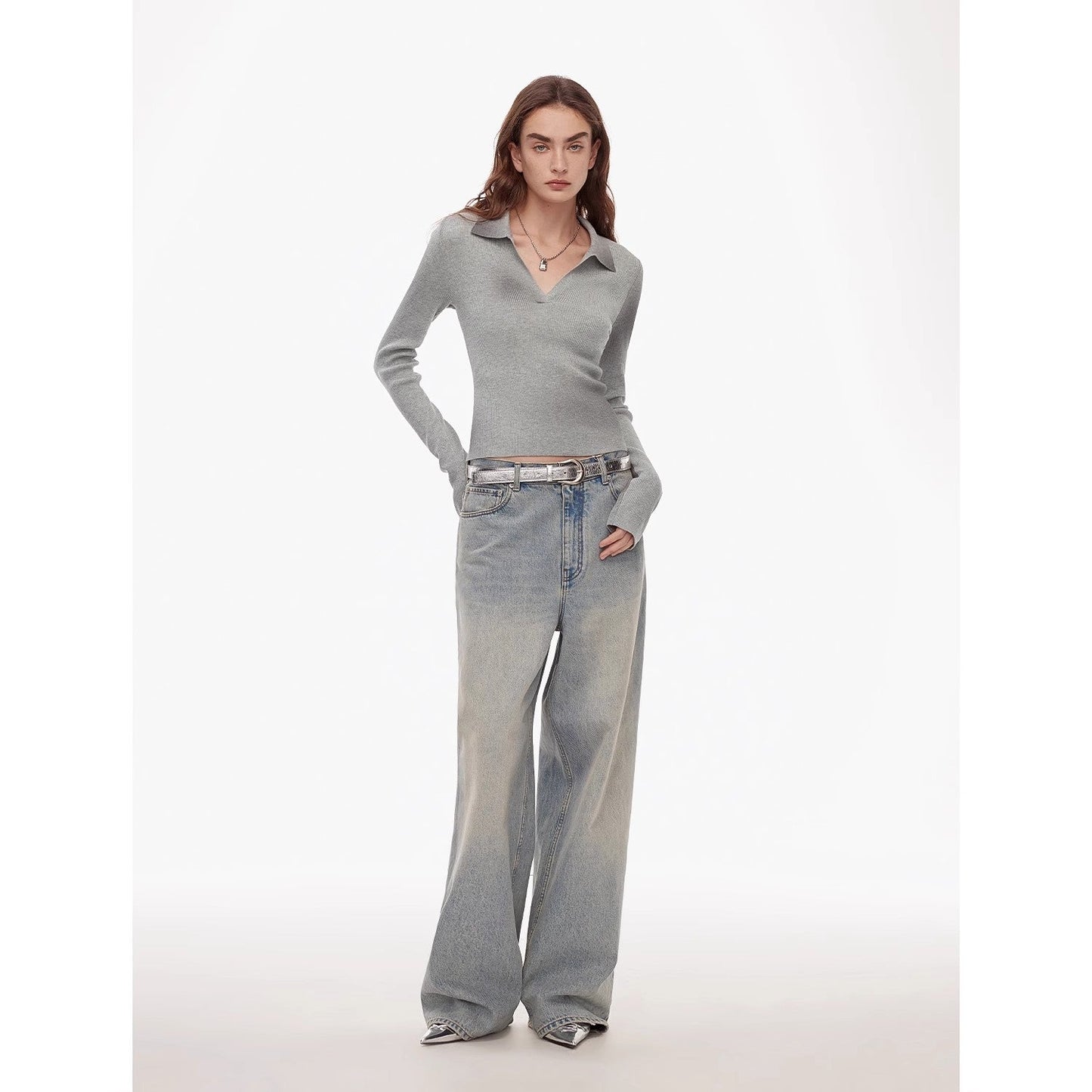 "Artistic Abstract" Sfumato Distressed Printed Merino Wool Waisted Polo Collar image 0