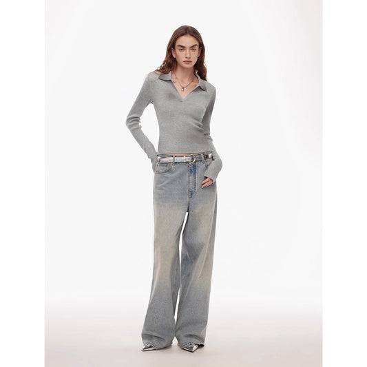 "Artistic Abstract" Sfumato Distressed Printed Merino Wool Waisted Polo Collar image 0