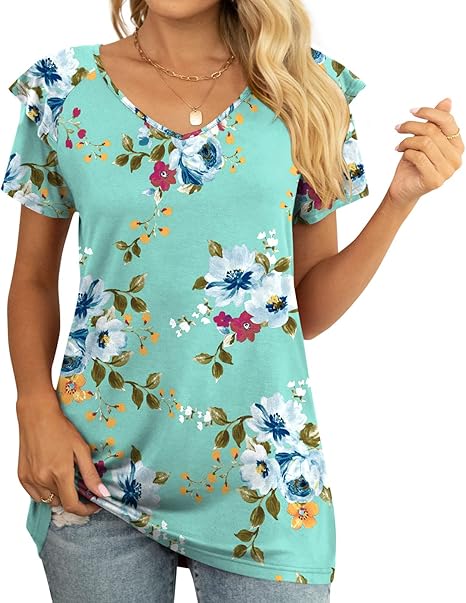 YVH Womens Summer Tops Casual V Neck Ruffle Short Sleeve T Shirts Loose Fit image 2