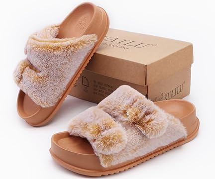KuaiLu Women’s Fluff Platform Open Toe Slipper with Arch Support image 0