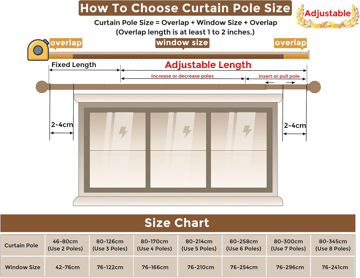 Adjustable Curtain Pole,Rod Length 80 to 214cm (32-84 inch), Black Curtain Rods image 3