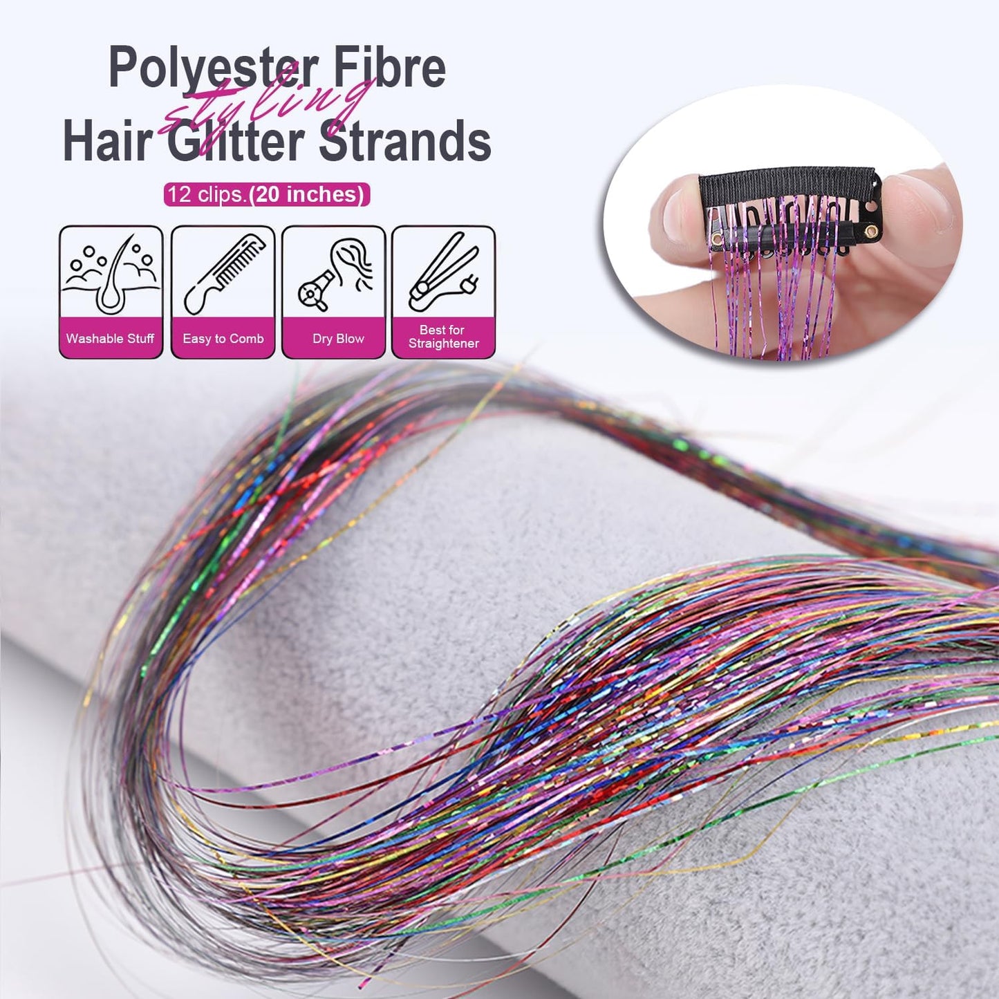 LANCAINI Clip-in Hair Tinsel Extensions Pack of 12 clips 20 Inch, image 4