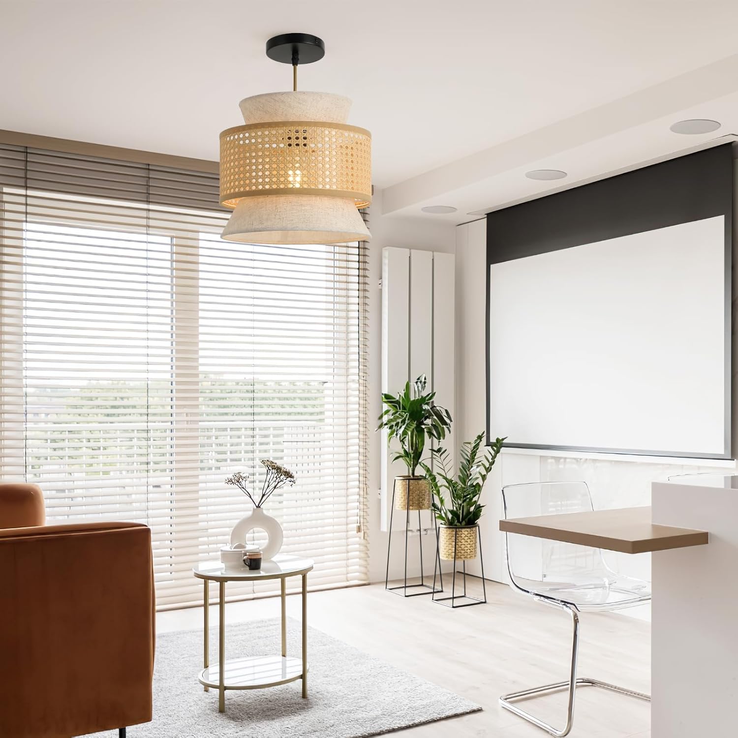 FORCOSO Vintage Pendant Light Rattan+Fabric, – Ø29 cm Wicker Fabric Shade image 9