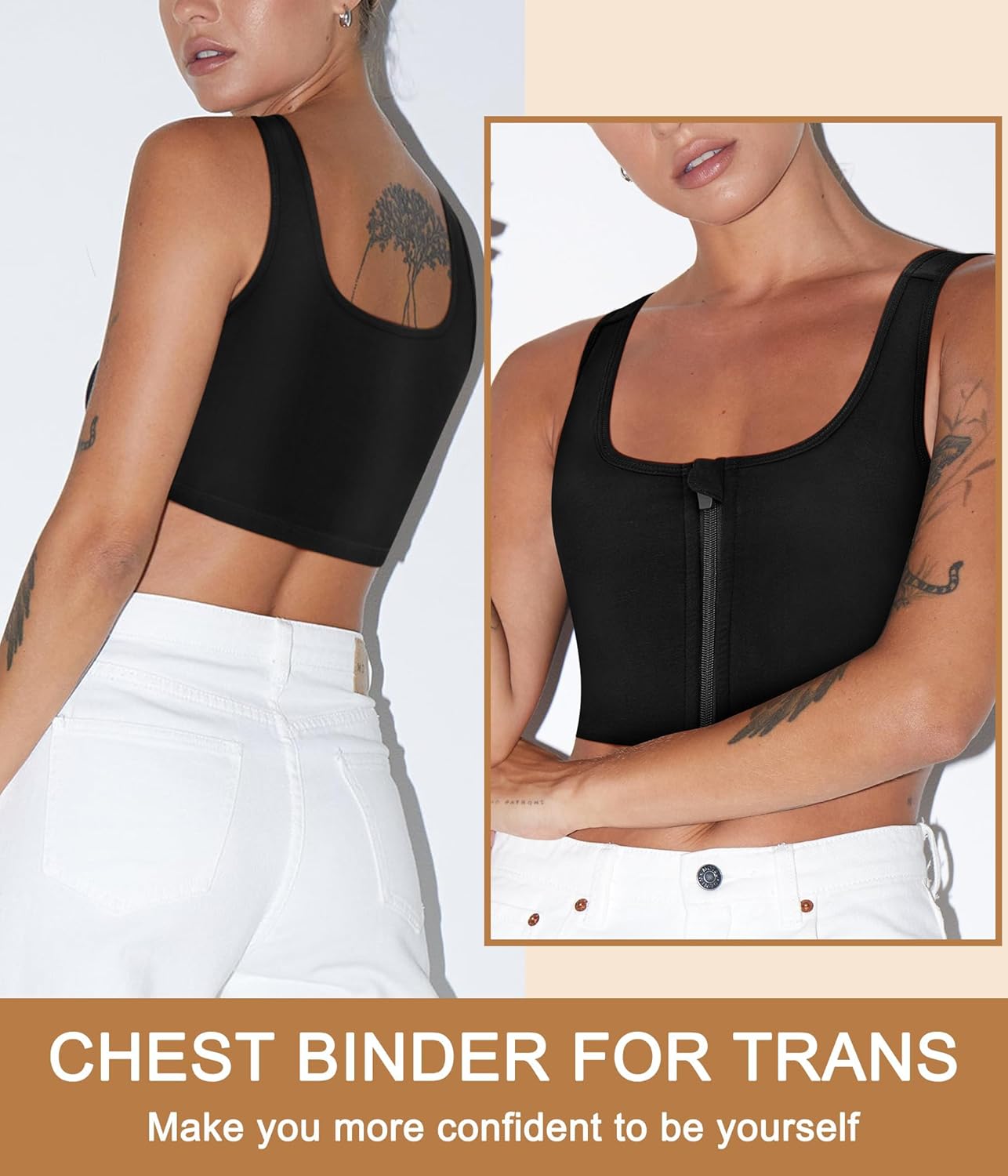 Junlan FTM Zipper Chest Binder, Breathable Compression Tank Top for Transgender image 1