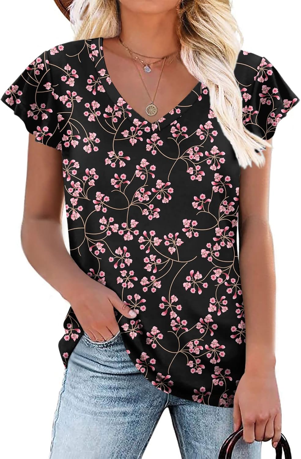 YVH Womens Summer Tops Casual V Neck Ruffle Short Sleeve T Shirts Loose Fit image 11