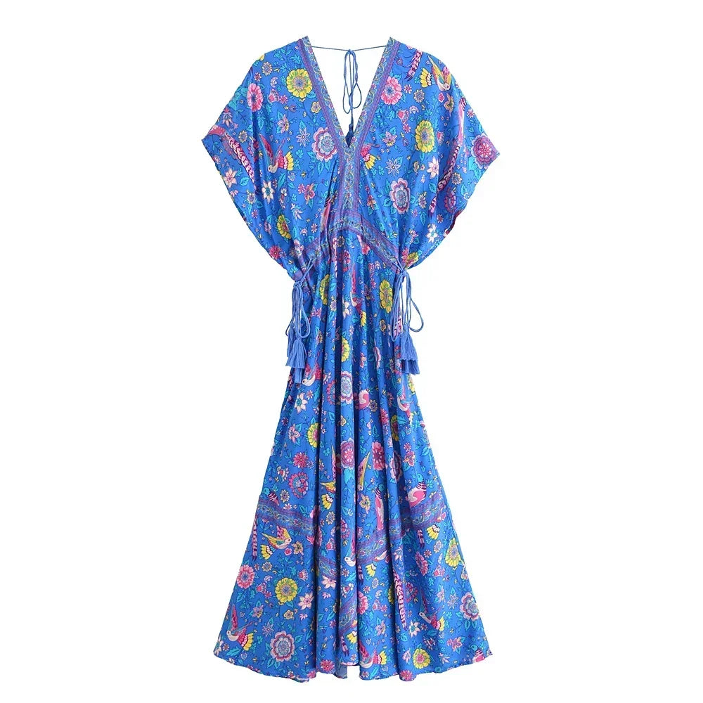 Boho Queens Women Peacock Floral Print Bat Sleeve Beach Bohemian  Maxi Dresses image 6