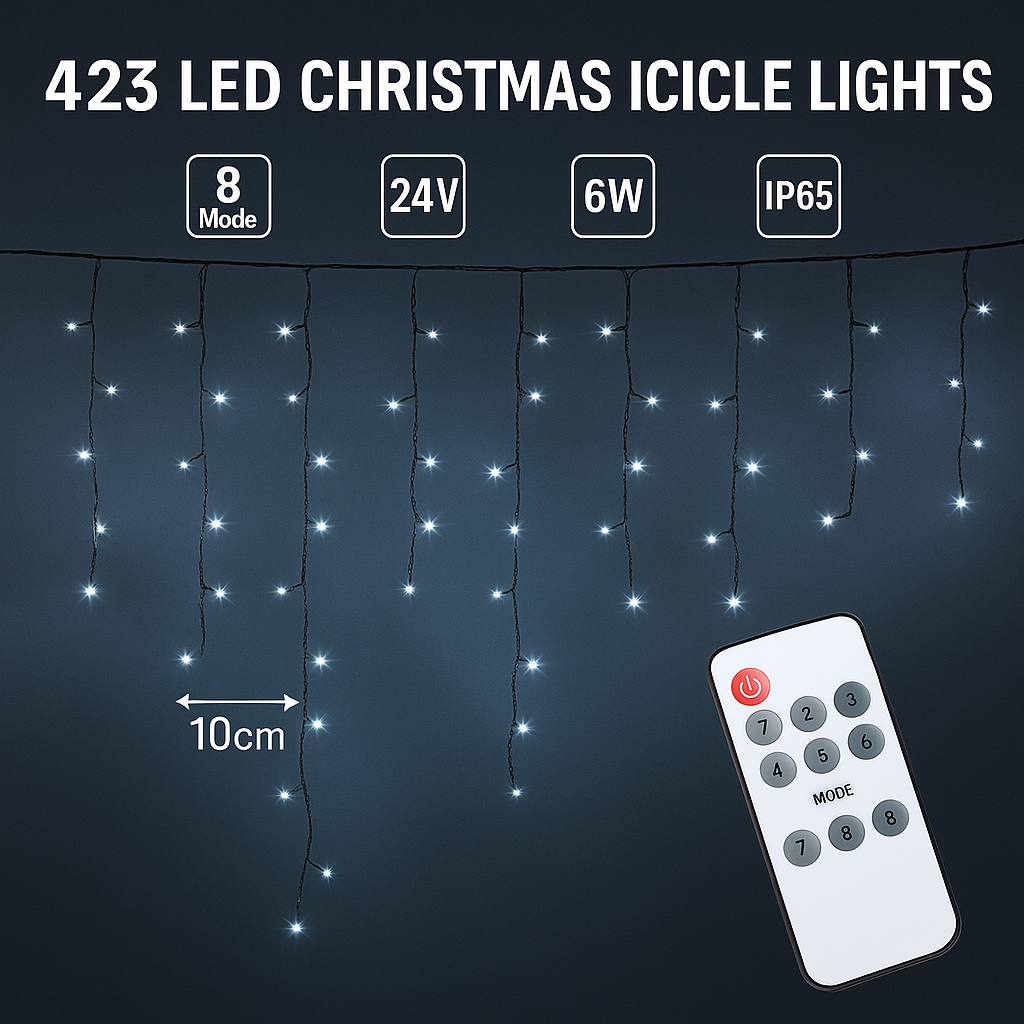 PEMOTech 423 LED Christmas Icicle Lights – 8 Modes, 5m Lead Wire, Outdoor image 4