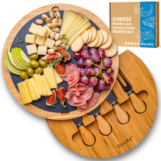 Round Bamboo Cheese Board With Knife Set and Removable Slate - 12 Inch image 0