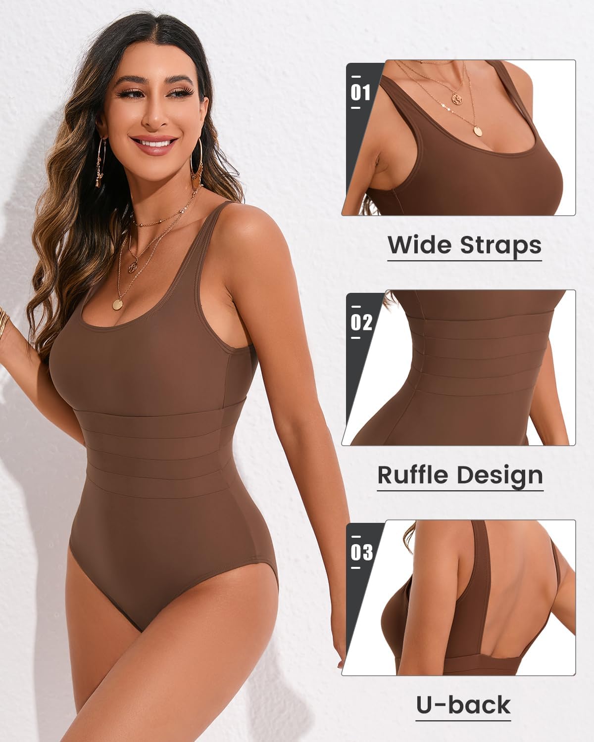 Women's Flattering Ruched U-Neck Tummy Control One-Piece Swimsuit Wide Straps image 0