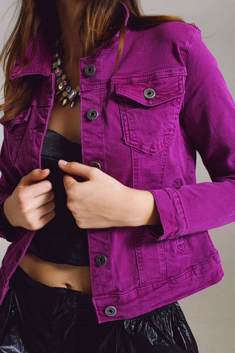 Slim Denim Trucker Jacket in Fuchsia image 4