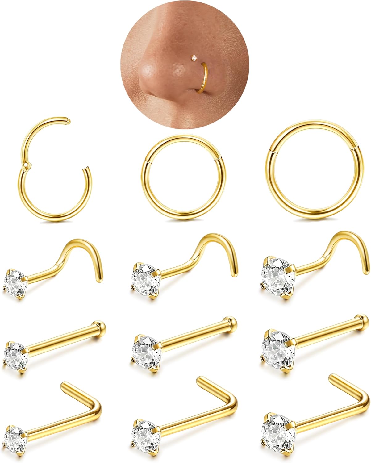LOLIAS 12-Piece Surgical Steel CZ Nose Piercing Studs Hoops Set image 4