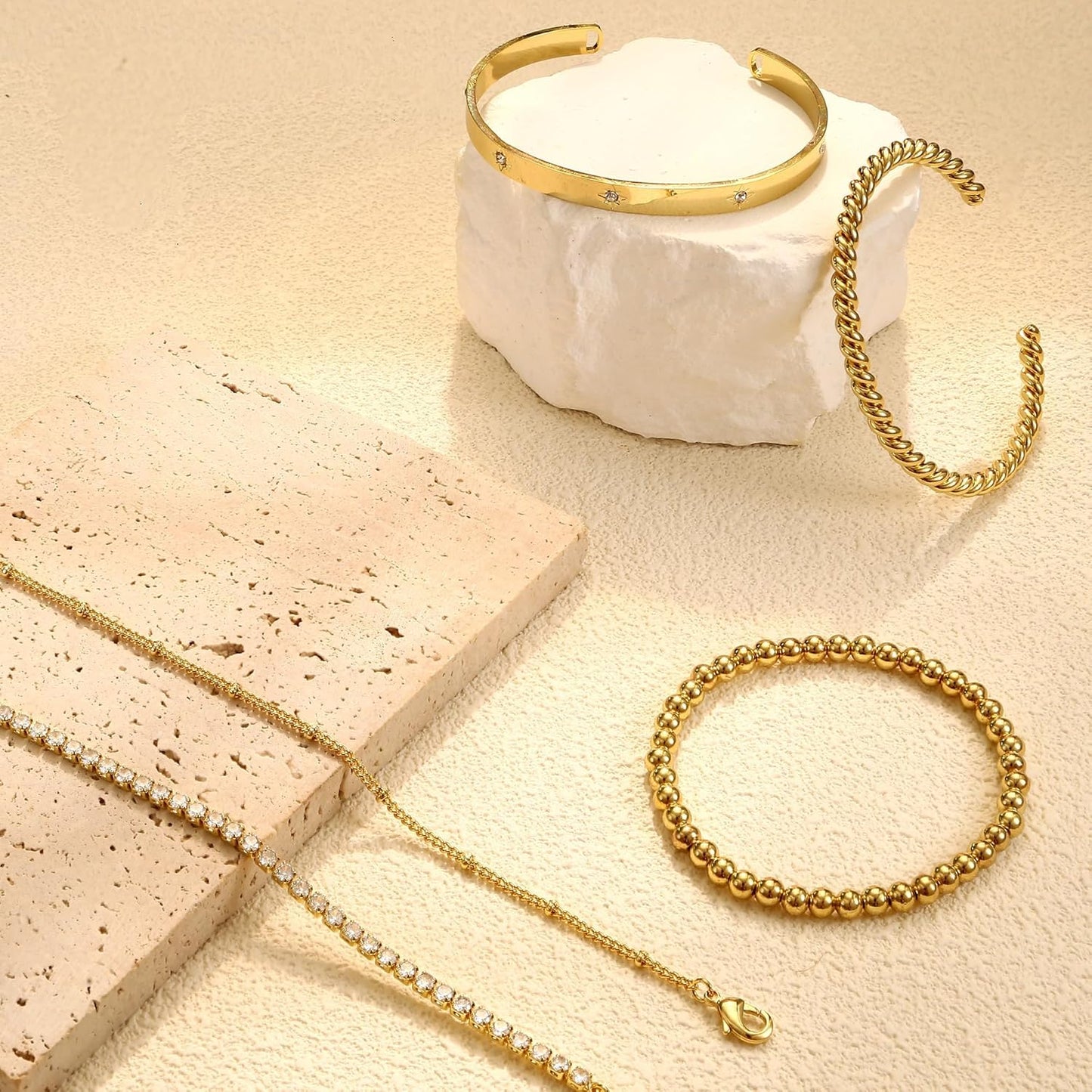 Elegant 14K Gold Plated Stacking Bracelet Set for Women - 5-Piece Hypoallergeni image 8