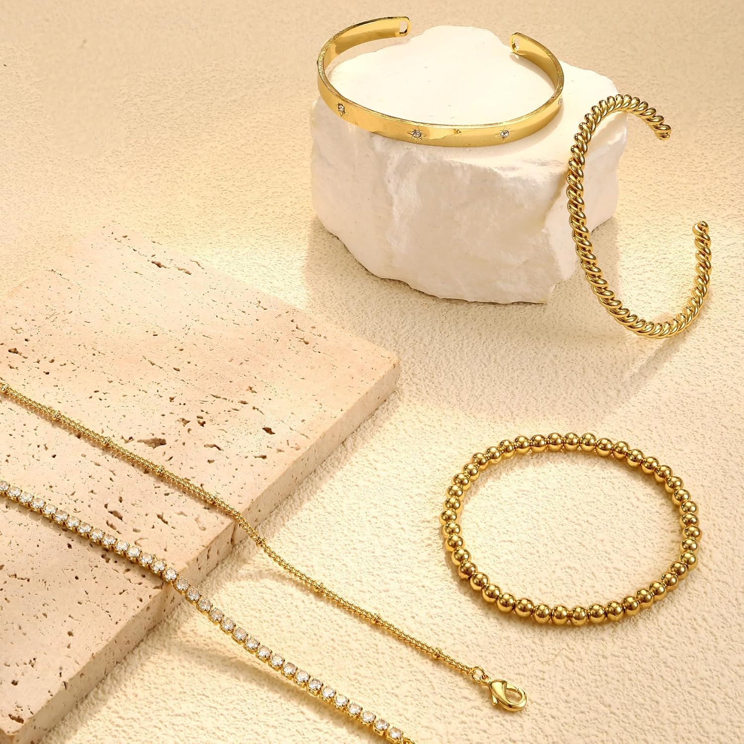 Elegant 14K Gold Plated Stacking Bracelet Set for Women - 5-Piece Hypoallergeni image 8