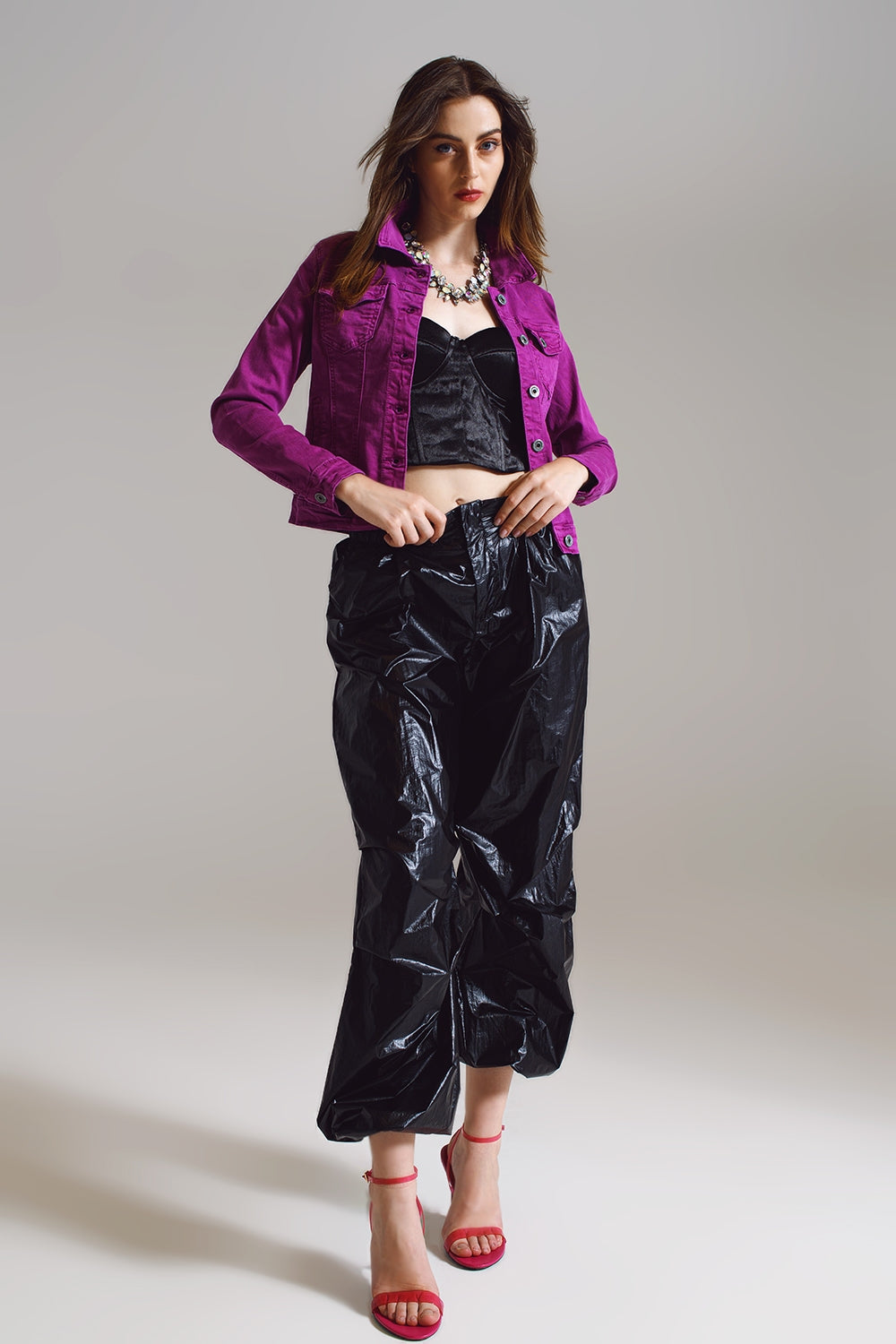 Slim Denim Trucker Jacket in Fuchsia image 2