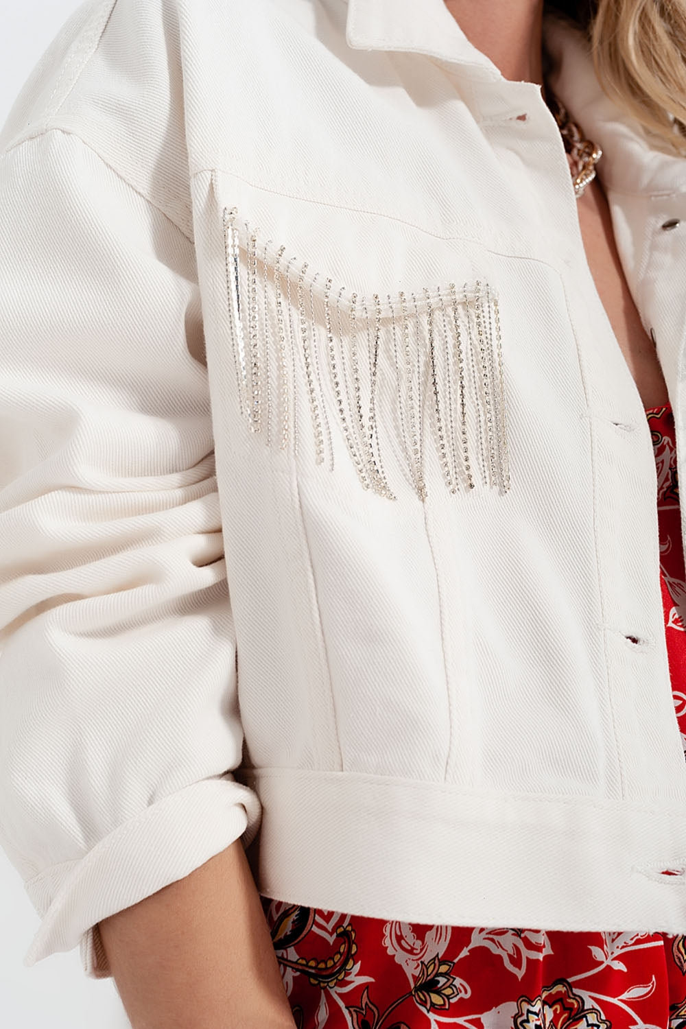 Denim Jacket With Diamante Fringing in White image 1
