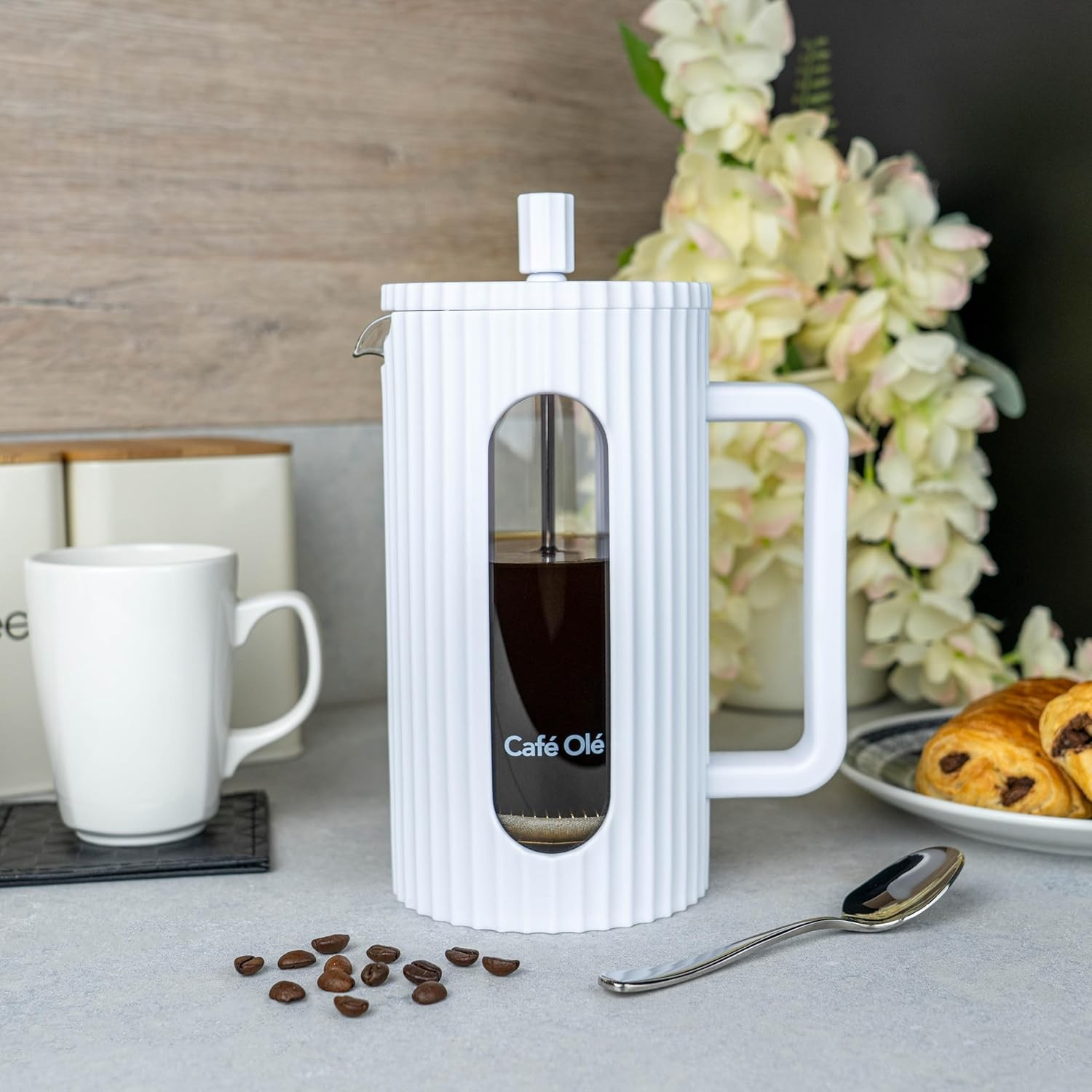 Café Olé French Press Coffee Maker – 3 Cup / 8 Cup – Elegant Ribbed Design image 0
