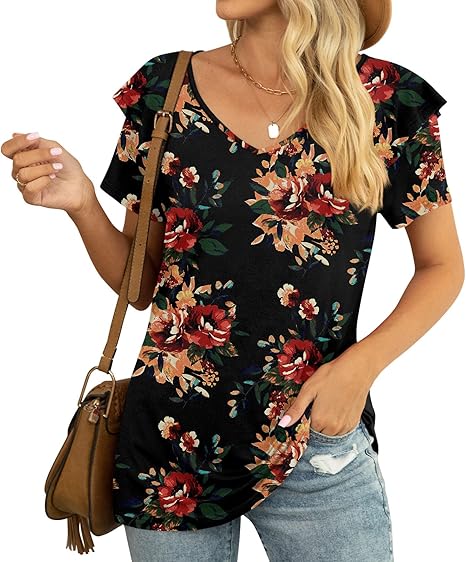 YVH Womens Summer Tops Casual V Neck Ruffle Short Sleeve T Shirts Loose Fit image 6