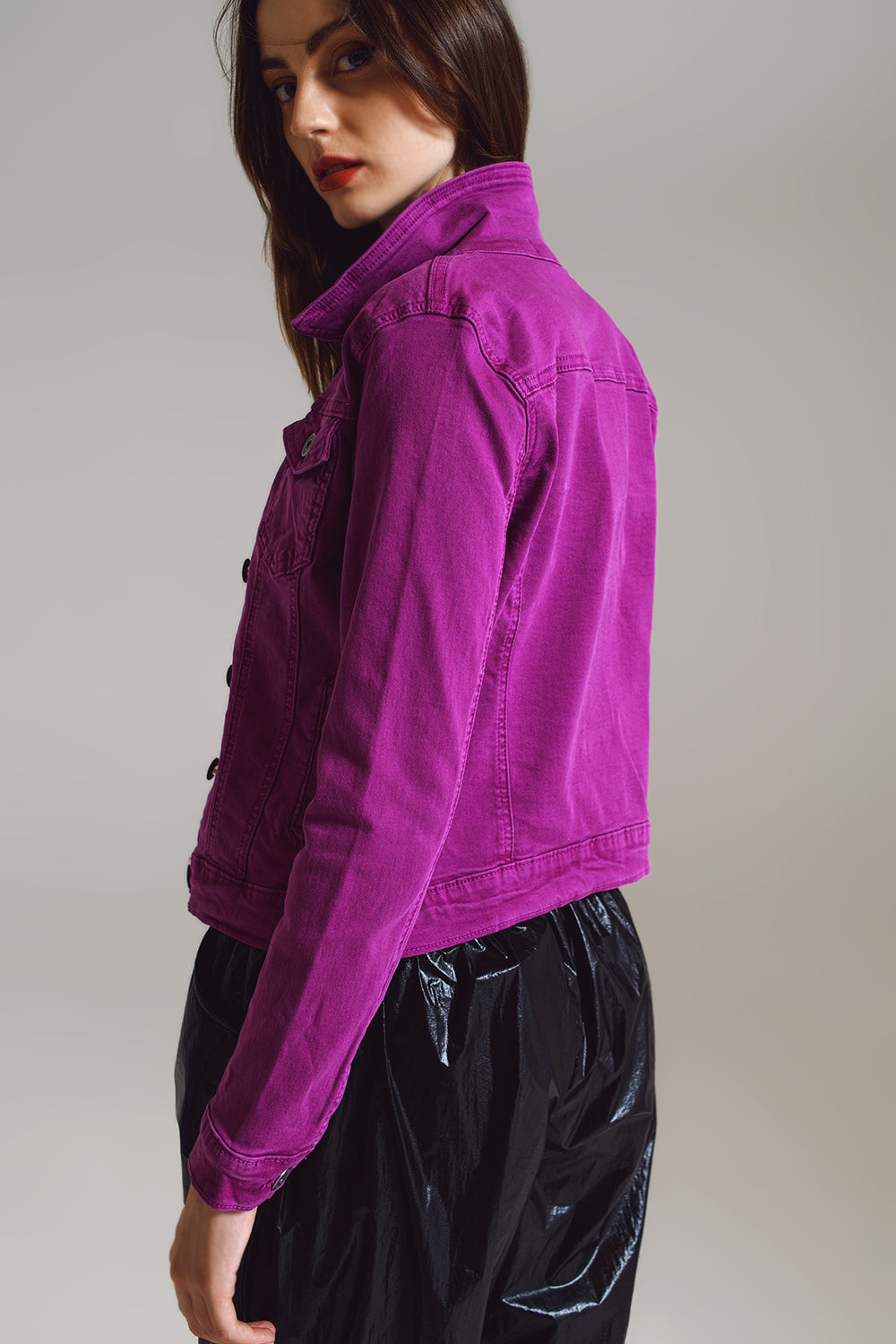 Slim Denim Trucker Jacket in Fuchsia image 1
