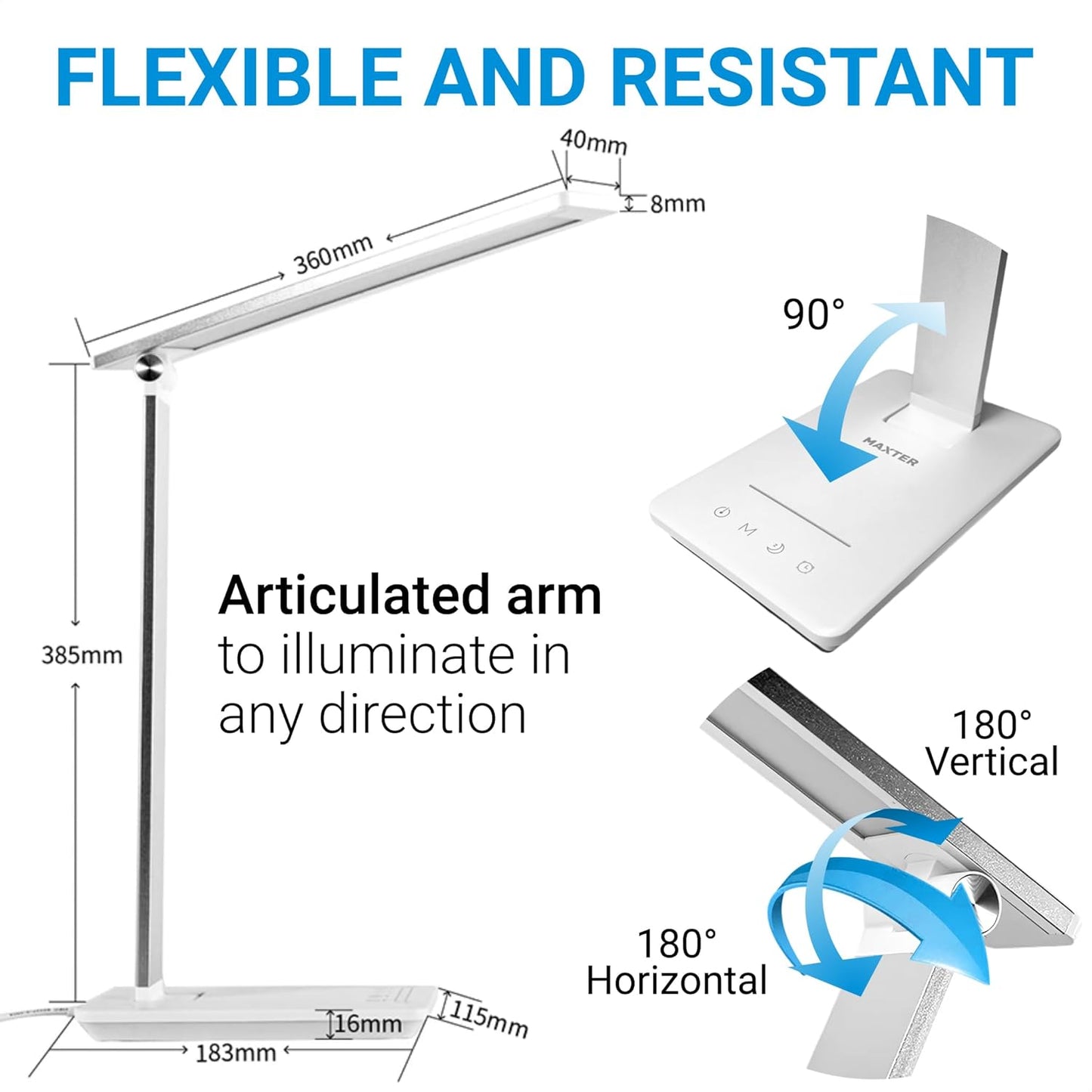 Maxter Silver Wireless LED Desk Lamp – 550 lumens, Touch Dimming, USB Charging image 6
