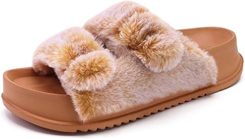 KuaiLu Women’s Fluff Platform Open Toe Slipper with Arch Support image 1