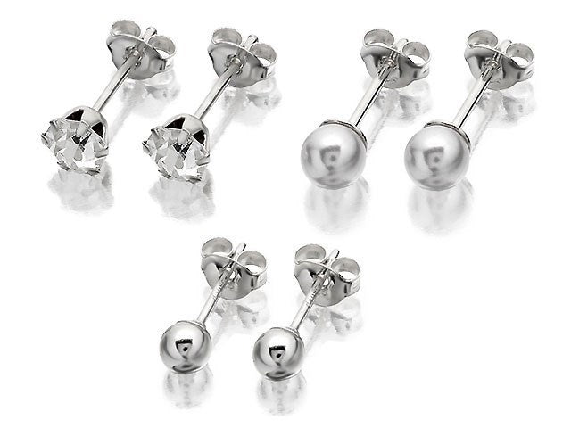 Sterling Silver Trio Stud Earring Set: 2mm Ball, 5mm Crystal, 4mm Pearl image 0