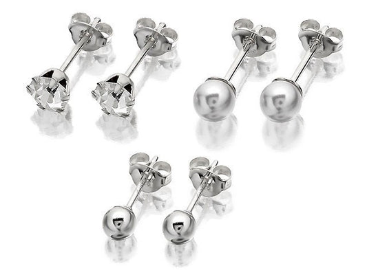 Sterling Silver Trio Stud Earring Set: 2mm Ball, 5mm Crystal, 4mm Pearl image 0