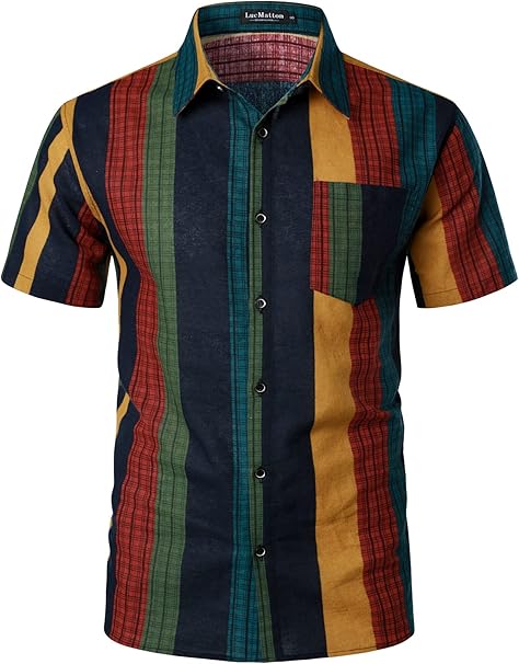 LucMatton Men's Cotton Linen Traditional Pattern Print Short Sleeve Button Down image 0