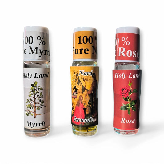 Holy Land Anointing Oil Roll-On Set – 3 Scents (Myrrh, Nard, Rose) – 100% Pure, image 0