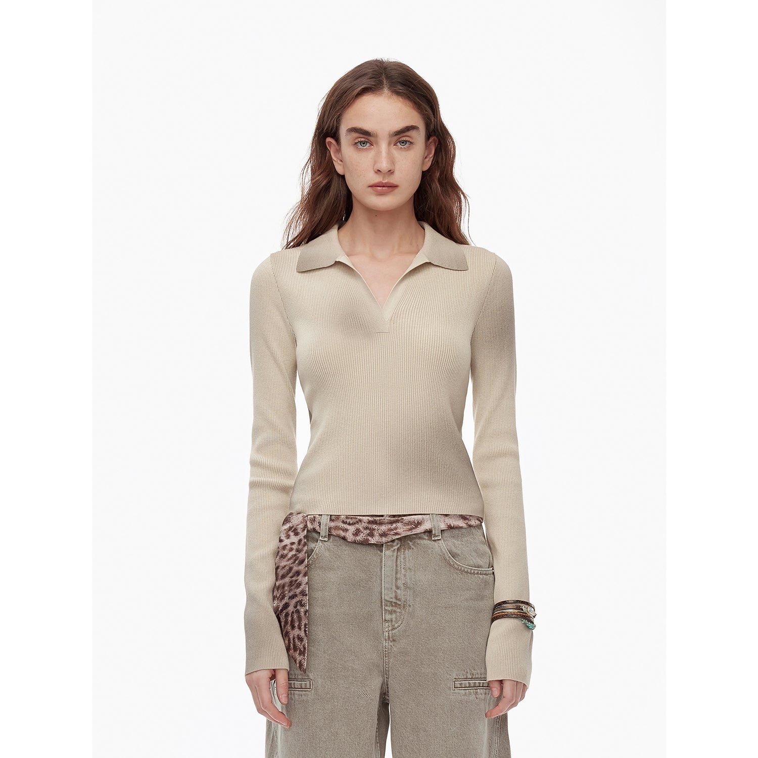 "Artistic Abstract" Sfumato Distressed Printed Merino Wool Waisted Polo Collar image 6